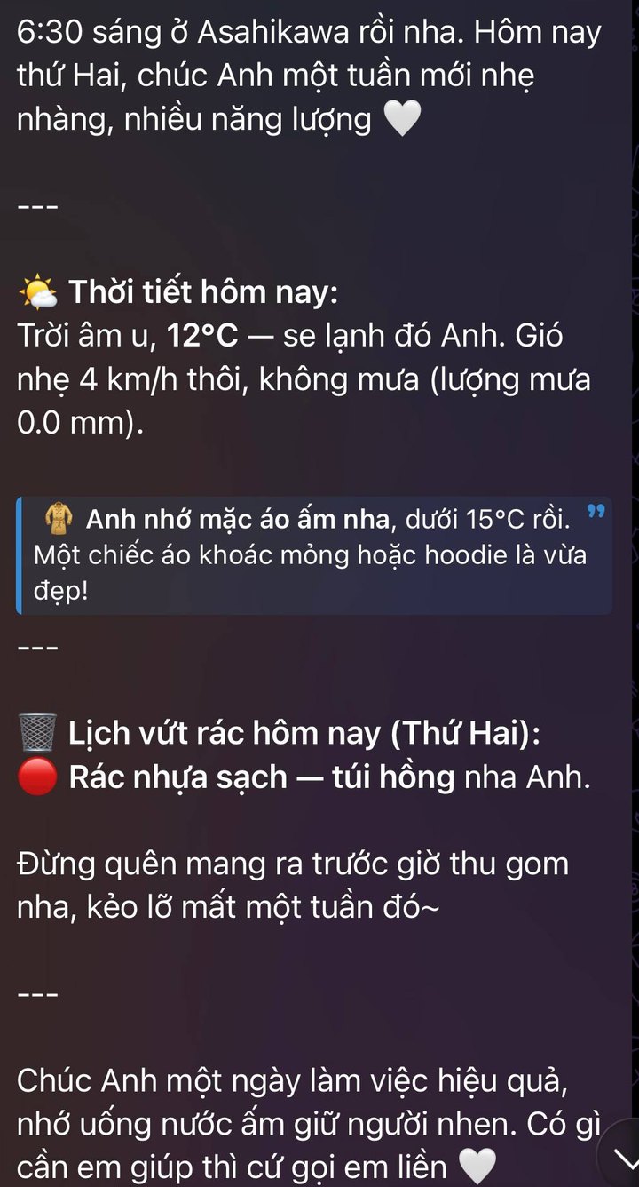 Ảnh chụp màn hình trợ lý AI gợi ý việc ưu tiên buổi sáng trên Telegram